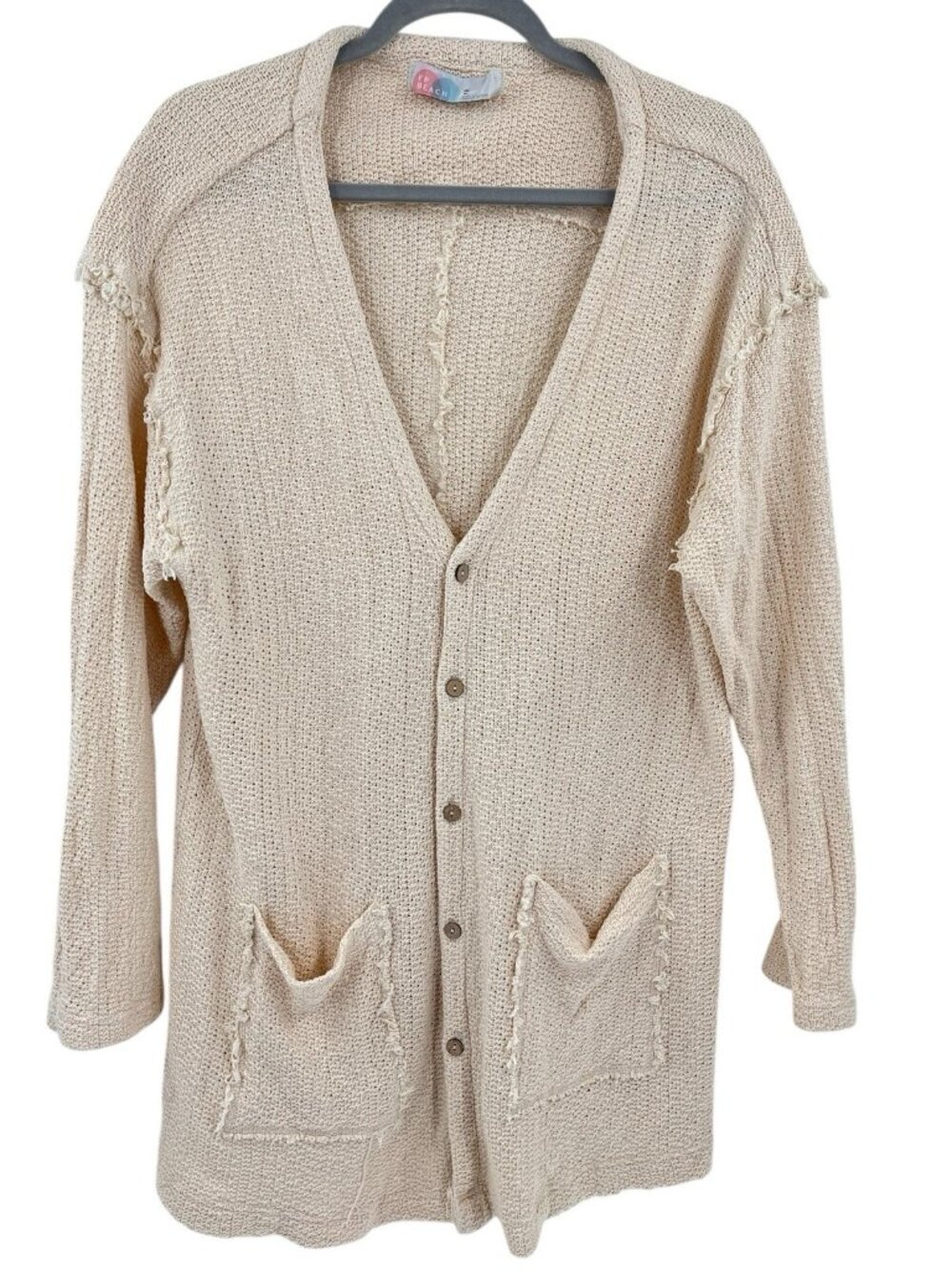 FREE PEOPLE BEACH Women's Ivory Oversize Raw Hem Seam Sweater Cardigan XS